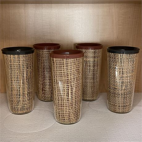 Set of 5 Mid-Century Plastic Raffiaware Insulated Tumblers