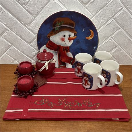 Snowman Serving Plate and Mugs with Placemats and Candle Trio