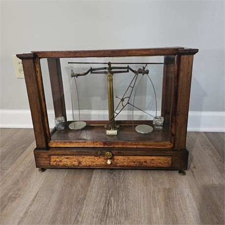 Fisher Apothecary Analytical Balance Scale, Enclosed in a wood and glass