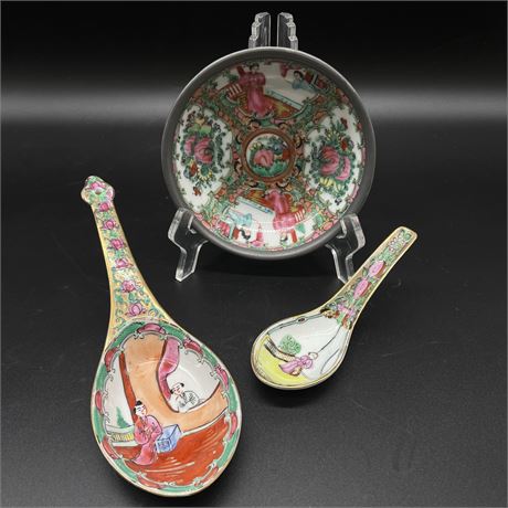 Vtg ACF Japanese Porcelain Ware Bowl Encased in Pewter w/ 2 Soup Spoons