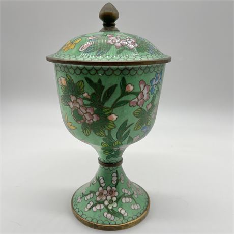Vtg Green Cloisonne Lidded Chalice in Brass and Enamel