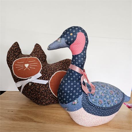 1970's & 80's handmade patchwork plush door stoppers~Duck & Cat