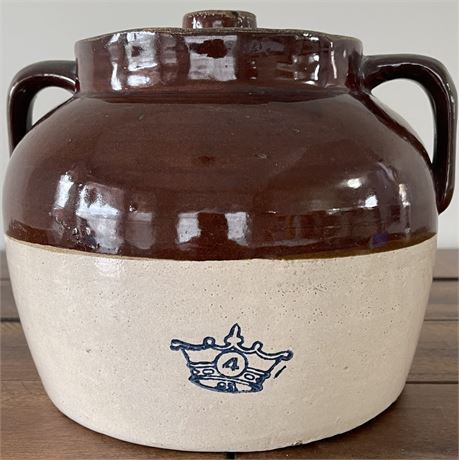 Vtg Two-Toned Stoneware 4 Quart Bean Pot w/ Lid