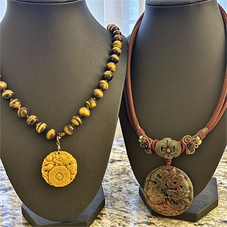 Oriental Carved Jade & Tigers Eye Pendants on Macrame & Tigers Eye Beaded Chains