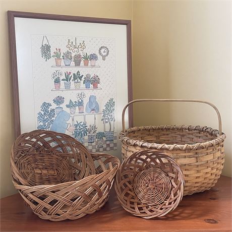 Hippo "Green Thumb" Print with Variety of Wicker Baskets