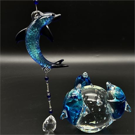 Dolphin Motif Murano-Style Art Glass Paperweight & Beaded Art Glass Sun Catcher