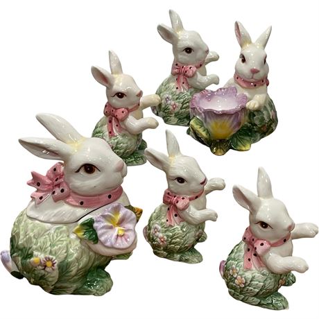 Glazed Ceramic Easter Bunny S&P Shakers, Egg Holder & Lidded Dish