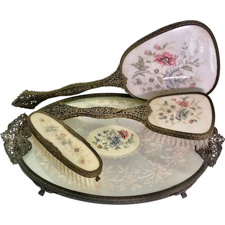 Vtg Petit Embroidered Vanity Set w/ Tray, Mirror, Hairbrush & Clothes Brush