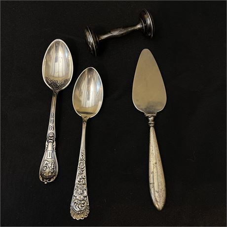 925 Sterling Silver Spoons, Pie Server & Baby Rattle