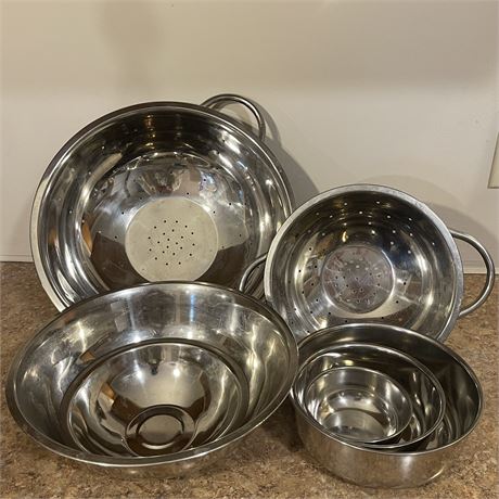Variety of Stainless Steel Nesting Mixing Bowls and Strainers