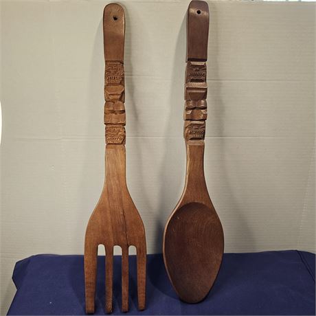 21" Tiki Carved Wood Long MCM Spoon & Fork/Oversized Wall Decor