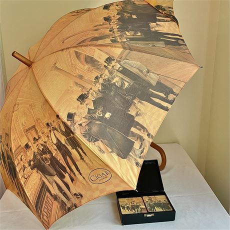Vtg Cigar Aficionado Umbrella and 12pc Coaster Set