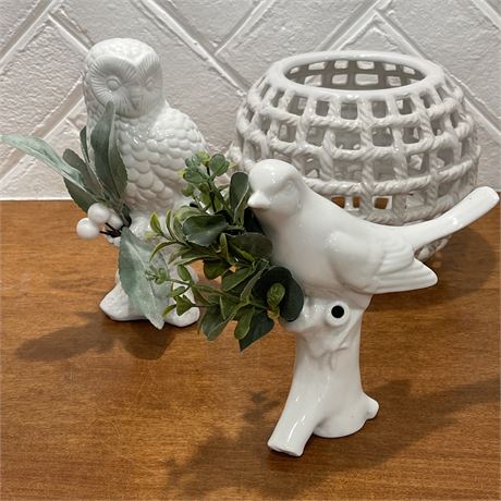 Ceramic Succulent Planter Trio with Bird, Owl and Large Basket Style