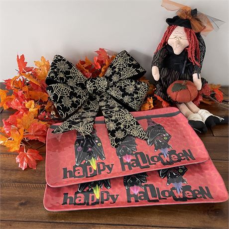 Halloween / Fall Decor - Witch Plush, Large Bow, Trays, & Leaf Garland