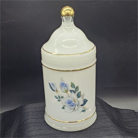 West Virginia Glass Co. Frosted Glass Apothecary Jar w/ Light Blue Roses