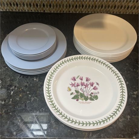 Variety of Plates with White Corelle, Portmeirion Botanical and Heavy Plastic