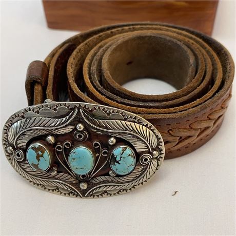 Vtg Navajo Turquoise Trio Buckle on Size 38 Belt