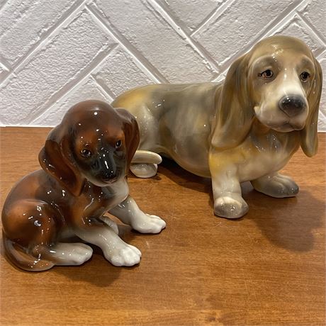 Vintage Keramos Dachshund Puppy and Signed Basset Hound Statue