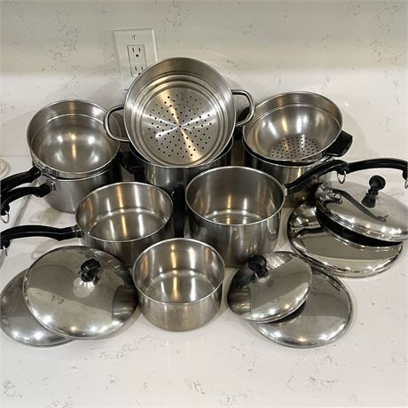 Vtg Faberware 15 pc Set - Stainless Steel Pots with Inserts and Lids