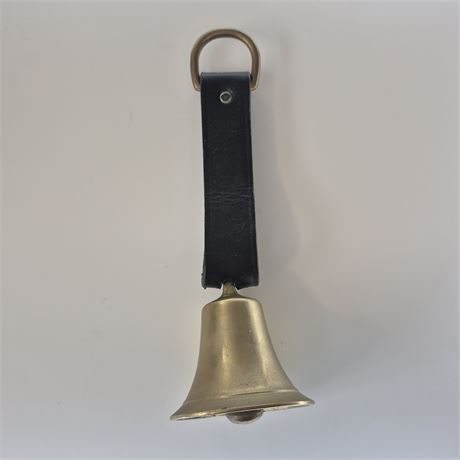 Vtg Brass School Bell w/Thick Brass Hoop/Leather Strap