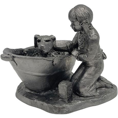 Michael Ricker Pewter Collectible Figurine - Girl Bathing Puppy
