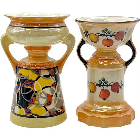 (2) Vtg Czech Hand-Painted Luster Pottery Vases
