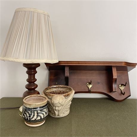 Wooden Shelf Coat Rack w/ Wood Bedside Lamp and Ceramic Planters