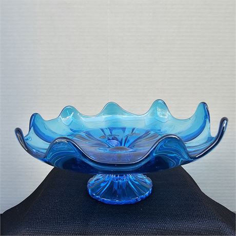 8" MCM Hand Blown Blue Glass Centerpiece Dish