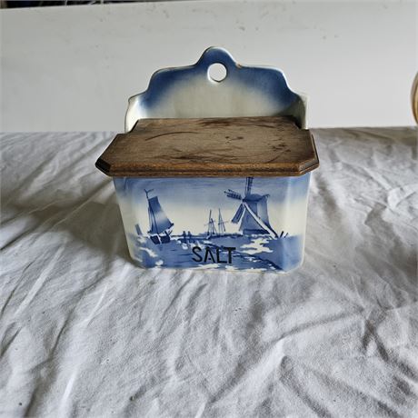 Antique CERAMIC SALT BOX Blue & White Wood Lid