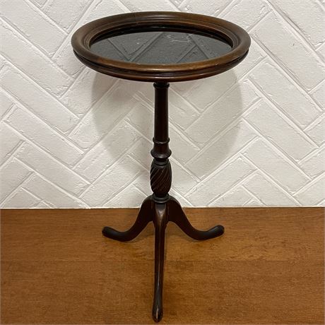 Antique Ferguson Inlaid Glass Top Wood Tripod Side Table