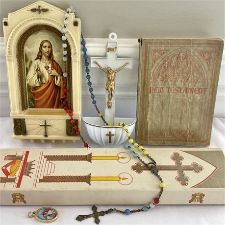 Vtg Holy Water Fonts, Liturgical Candles, Rosary, New Testament Book & Pendant