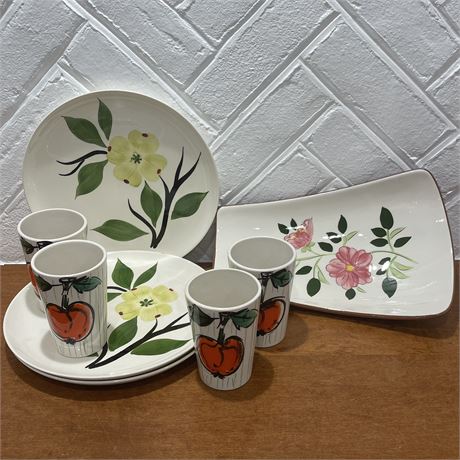 Hand-Painted Floral Motif Dinner Plates, Apfel Cups & Stangl Pottery Relish Dish