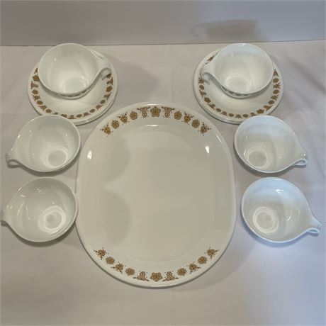 Vtg Gold Butterfly Corelle Livingware Serving Platter w/ 6 Mugs and Saucers