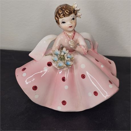 Lefton Figurine, Flower Girl in Beautiful Pink Polka Dot Dress