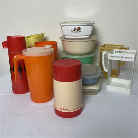 Variety of Vintage Kitchen Containers with Two Half Gallon Milk Handi-Holders
