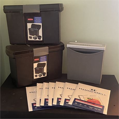 Straight Cut Paper Shredder, File Boxes and New Packs of Presentation Sheets