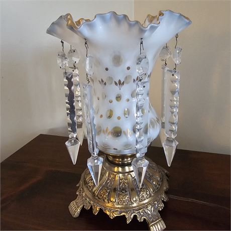 1960's Gold Gilt Glass Shade Lamp w/ Napoleon III Crystal Pendants 1 of 2