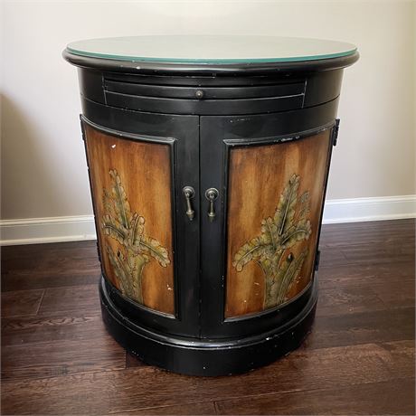 Black Drum Side Table with Storage Cabinet and Glass Top