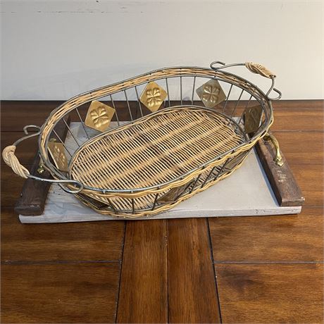 Rustic Double Handled Wooden Server with Metal Framed Basket
