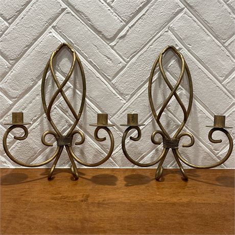 Gold Tone Iron Wall Sconce Candle Holder Set