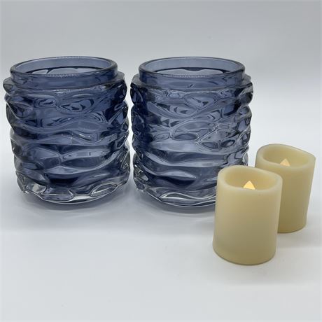 Pair of Smokey Blue Ribbed Votive Candle Holders with Fireless Candles