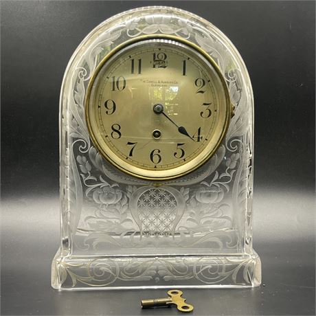 Antique Cowell & Hubbard Chelsea Clock Co. Cut Glass Mantle Clock w/ Key