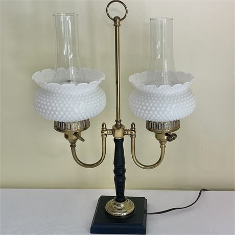 Double Arm Brass & Hobnail Milk Glass Shade Desk Lamp