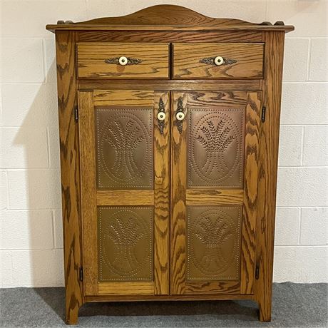Amish Made Oak Pie Safe / Jelly Cupboard with Copper Wheat Panel Doors