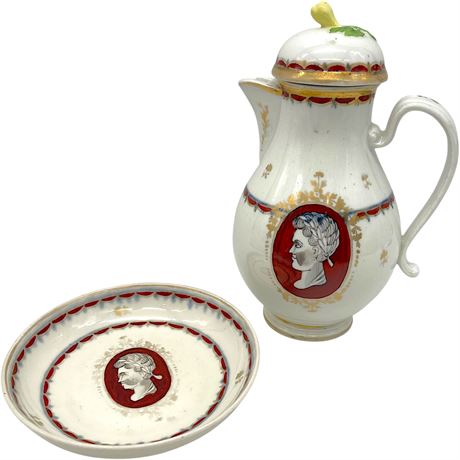 Antique Royal Vienna Hand-Painted Porcelain Coffee Pot & Shallow Bowl