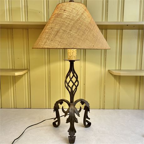 Wrought Iron Tripod Candlestick 3-Way Table Lamp w/ Burlap Shade