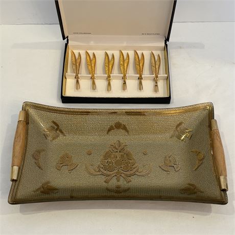 Vtg 24K Gold Plated Tancraft Janis Collection Forks & Georges Briard Snack Tray