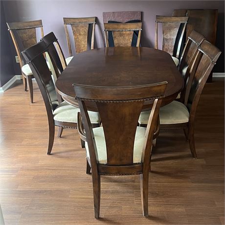 Double Pedestal Dinning Table w/ Leaves and Table Cover with 9 Levin Chairs