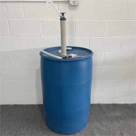 55 Gallon Closed Top Blue Plastic Drum with Two 2" Openings, Pump and Wrench
