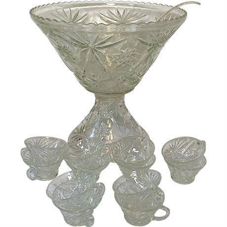 Vtg Anchor Hocking EAPG Star of David Pedestal Punch Bowl & 12 Cups